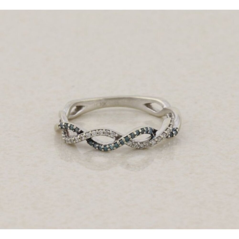 10k White Gold Fancy Blue and White Diamond Ring Twist Crossover Band 5 3/4